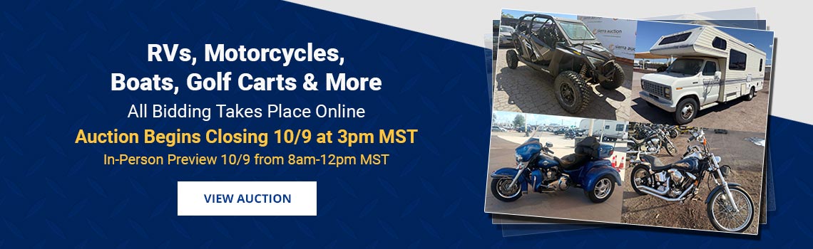 Phoenix & Tucson RVs, Motorcycles, Boats, Off-Road & Specialty Vehicles Auction Begins Closing Friday, October 9th